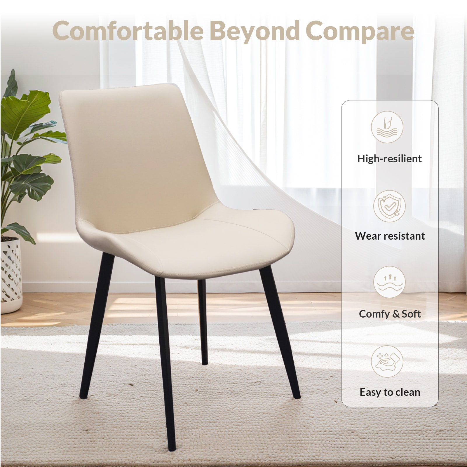 Beige PU Leather Dining Chair With Metal Legs, Modern Upholstered Chair Set Of 4 For Kitchen, Restaurant, Living, Meeting Room_voghion.com
